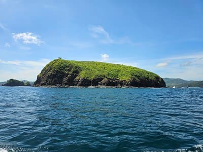 Verdant island under a sunny blue sky.